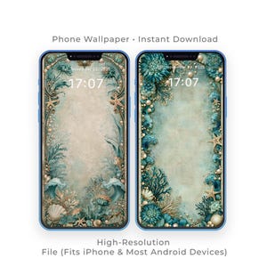 May include: Two smartphones displaying a teal and beige ocean-themed wallpaper with starfish, shells, and coral. The time is 17:07 on November 22, 2025. Text at the top reads "Phone Wallpaper - Instant Download". The bottom text says "High-Resolution File (Fits iPhone & Most Android Devices)".