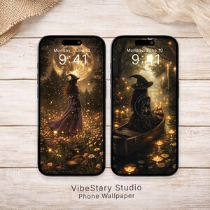 May include: Two smartphones displaying digital wallpapers featuring a person in a witch hat. The left screen shows a person in a field with a large moon, while the right screen shows a person in a boat on water with floating candles.