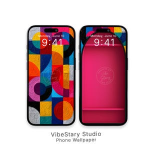 Pode incluir: Dois smartphones exibindo designs de papel de parede abstratos coloridos. Um apresenta um padrão geométrico em laranja, azul, amarelo e preto. O outro mostra um design de prateleira rosa. Ambos os telefones exibem a hora 9:41 e a data.