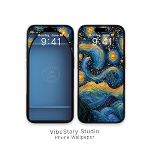 Pode incluir: Dois smartphones exibindo um papel de parede inspirado em "Noite Estrelada". O design apresenta pinceladas azuis, douradas e amarelas. A hora é 9h41, segunda-feira, 10 de junho. O papel de parede é do VibeStary Studio.