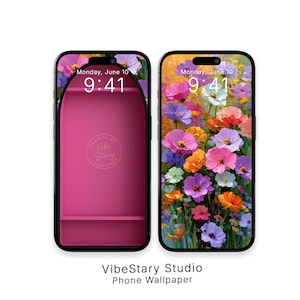 Pode incluir: Dois smartphones com papéis de parede digitais. A tela esquerda mostra um design de prateleira arqueada rosa com o texto 'Designs by Vibe Stary'. A tela direita exibe um padrão floral vibrante e colorido com flores rosas, laranjas, roxas e brancas.