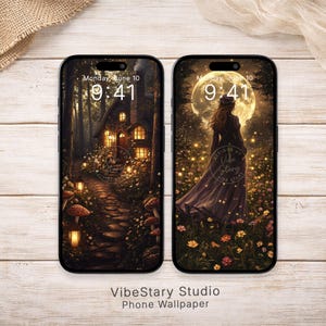 May include: Two black smartphones displaying digital wallpaper designs. The left screen shows a stone path leading to a glowing cottage in a forest. The right screen shows a figure in a long dress standing in a flower field under a large moon.