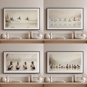 Pode incluir: Um conjunto de quatro quadros de parede com patos em vários ambientes naturais. As gravuras exibem patos em voo sobre a água, descansando numa margem nevada e a nadar em fila, tudo representado em tons de bege suaves e neutros.