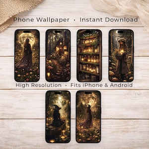 May include: Six digital phone wallpapers featuring fantasy scenes with warm lighting, including a person in a field under a moon, a forest cottage, shelves of glowing jars, a person with a basket, a person in a boat, and a person in a field.