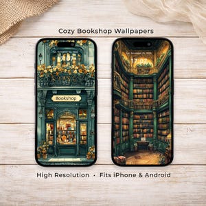 Pode incluir: Dois smartphones exibindo papéis de parede digitais intitulados Cozy Bookshop Wallpapers. A tela esquerda mostra uma fachada verde com uma placa escrita Bookshop. A tela direita mostra o interior de uma biblioteca com várias estantes.