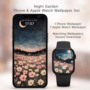 May include: A digital wallpaper set titled Night Garden Phone & Apple Watch Wallpaper Set featuring a smartphone and a smartwatch displaying a night scene with pink and white flowers under a crescent moon and starry sky, including text details.