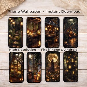 May include: A collection of eight digital phone wallpapers displayed on smartphone screens, featuring dark, atmospheric scenes of forest paths, cozy kitchens, glowing greenhouses, moonlit meadows, and treehouses with warm, golden lighting effects.