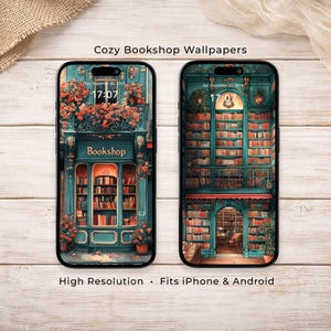 Pode incluir: Duas telas de telefone exibindo "Cozy Bookshop Wallpapers". A tela esquerda mostra uma fachada de livraria turquesa com flores e a palavra "Bookshop". A tela direita mostra um interior de biblioteca turquesa. Texto: Alta resolução. Compatível com iPhone e Android.