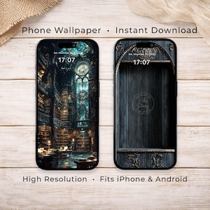 May include: Two smartphones displaying digital wallpapers. The left screen shows a multi-story library with tall bookshelves and a large arched window. The right screen shows a dark, ornate wooden archway with intricate carvings and a central empty space.