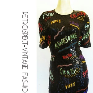 RARE 90s vintage heavily sequined ART Deco COMIC dress beaded novelty dress, trophy dress, avant garde wearable art dress size small s image 2