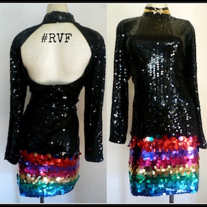 90s Vintage PROM DRESS Rainbow sequin dress beaded cocktail party dress Rainbow Prom Dress embellished pailette sequin dress keyhole back image 1