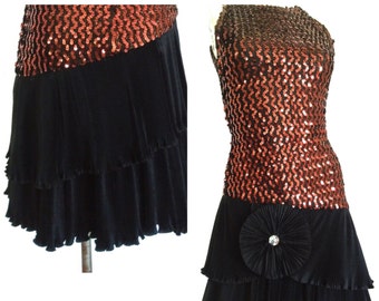 VINTAGE sequin FLAPPER DRESS  bronze and black sequin dress Gatsby dress size small 4 / 6