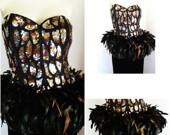 1980's Vintage VICTORA COSTA Feather gown, couture gown, avant garde gown, sequin beaded bodice, long cocktail dress small s