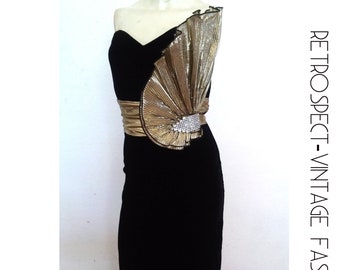 Vintage 1980's prom dress, couture vintage dress, gold cocktail gown, structural gold fan dynasty strapless black opera gown small s 6