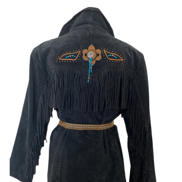 Vintage leather fringe jacket coat, tribal print black leather fringe coat, festival hippie bohemian vintage men’s women’s coat xl 14 / 16