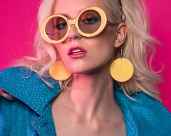 1960's Vintage YELLOW sunglasses w/ earrings ROUND sunglasses earrings disc chain round sunglasses sunnies