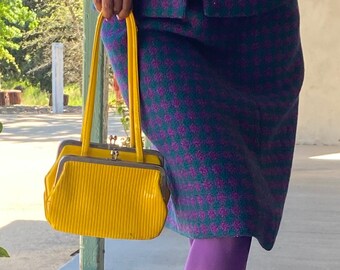 50’s 60's Vintage bright yellow Purse, ribbed retro design, stand up top handle 50's canary yellow handbag purse travel bag luggage