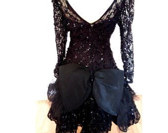 80’s PROM DRESS Julie Duroche dress big bow ruffled puffy 80's prom dress by After Five black sequin lace  party prom dress, size xs s 4