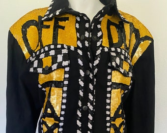 90s vintage sequin TAXI Jacket Off Duty statement jacket coat, yellow taxi coat black white checkered jacket wearable art trophy jacket