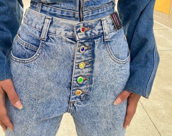 80s Vintage button fly jeans by STEEL, light denim jeans jeweled button fly, acid wash denim jeans button fly XS / S small  26 x 30