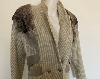 80s Vintage winter coat, long WOOL COAT, over sized women's coat, rabbit fur, long striped wool coat, unisex wool coat, women's wool coat