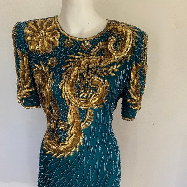 80's Vintage gold sequin dress, gold beaded dress, beaded gatsby dress, green sequin dress, holiday dress short sleeves medium m 8