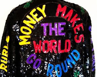 MONEY MAKES the WORLD go Round sequin beaded bomber jacket Pop Art sequin jacket coat size small s medium m 38 Unisex hip hop museum jacket