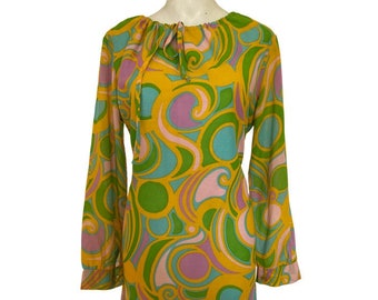 60s Vintage dress, yellow space age dress, geometric print vintage 60s mini dress, groovy disco dress size small s
