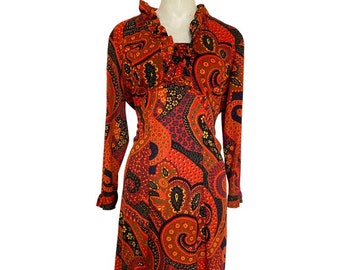 60s Vintage paisley Orange dress, mod dress, space age dress, paisley print mini dress size 6 8 small s eur 34