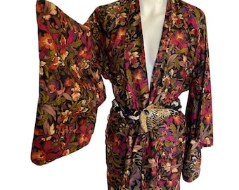 Vintage Silk kimono dress robe, floral Kimono Robe, silk kimono, kaftan caftan kimono free fit size s m l