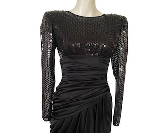 90s sequin DRESS black body-con dress, ruched dress, black body-con party dress, vintage cocktail dress size XS small s