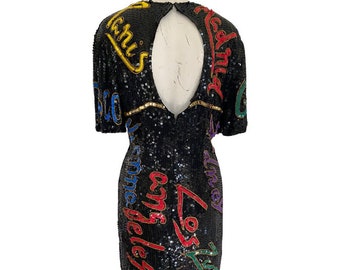 RARE 90s vintage heavily sequined ART Deco world traveler  dress beaded novelty dress,  trophy dress, avant garde wearable art size small s