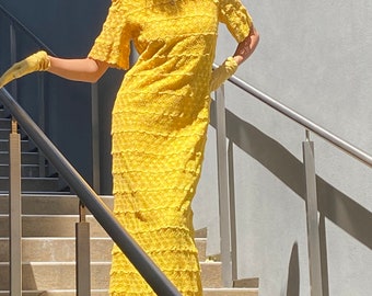 60s Vintage YELLOW Dress crocheted dress, full length long maxi dress, day dress bombshell dress size small