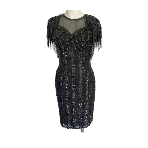 Vintage SHEER sequin dress, black beaded dress, r… - image 3