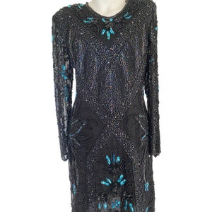 80s heavily embellished glass bead gown, sequin black dress, blue turqouise beaded gown, keyhole back cocktail dress medium m 10 / 12 image 3