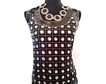 Vintage sequin tank top,  silver sequin blouse top, silver black beaded top by Together size medium m