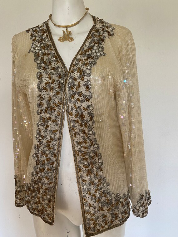 Vintage sequin coat, long white sequin duster, he… - image 5