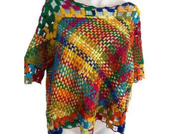 Vintage KNIT LOOM Top, rainbow knit loom top, festival top, tunic rave top, rainbow weaved knit top