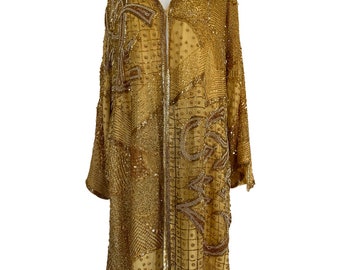 Vintage GOLD SEQUIN Duster gold beaded coat, opera coat, heavily embellished gold coat, swing coat, full length sequin coat l / xl