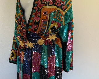 Vintage JUDITH ANN sequin and beaded duster, tribal art deco abstract long duster coat, heavily embellished vintage jacket, fits s m