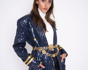 Vintage Sequin blazer, sequin nautical blazer band jacket navy blue gold beaded women’s dress coat  small