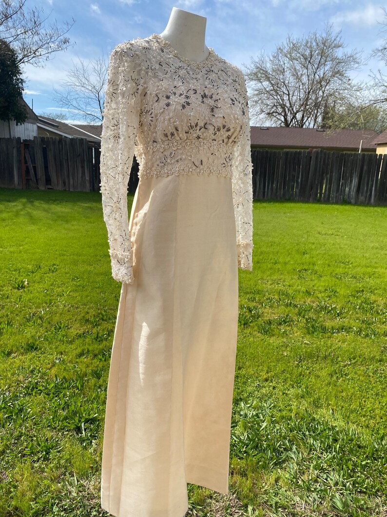 Vintage pearl WHITE beaded dress, white wedding dress, mother of the bride formal dress,, embellished sequined formal gown size small s image 7