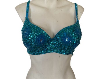90s Y2k sequin bra top, sparkly turquoise green bra, sequin bikini top, retro music festival outfit top bralette small s