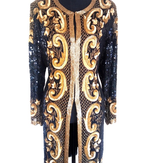 1980's Vintage GOLD SEQUIN Duster Black Bead Duster Full Length