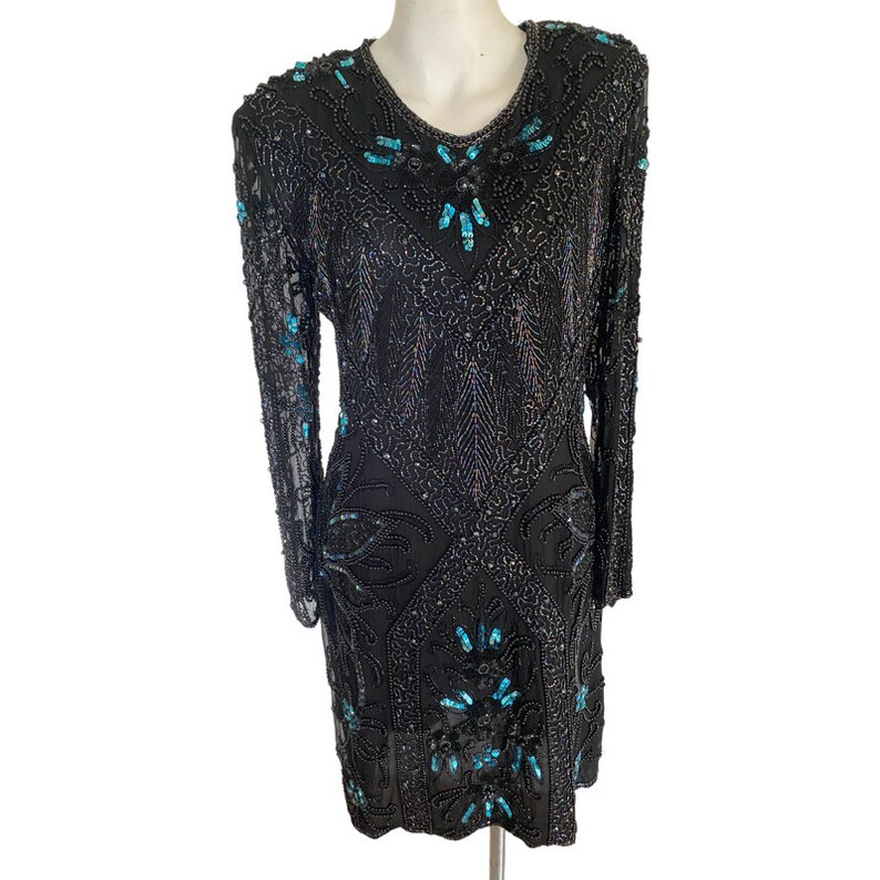 80s heavily embellished glass bead gown, sequin black dress, blue turqouise beaded gown, keyhole back cocktail dress medium m 10 / 12 image 7