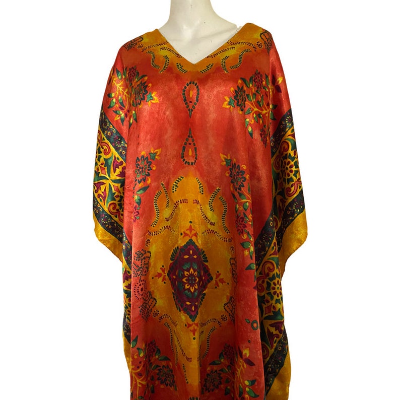 Vintage Kaftan orange CAFTAN bright yellow sunset color Art Deco color, abstract print kimono free fit size s m l image 8