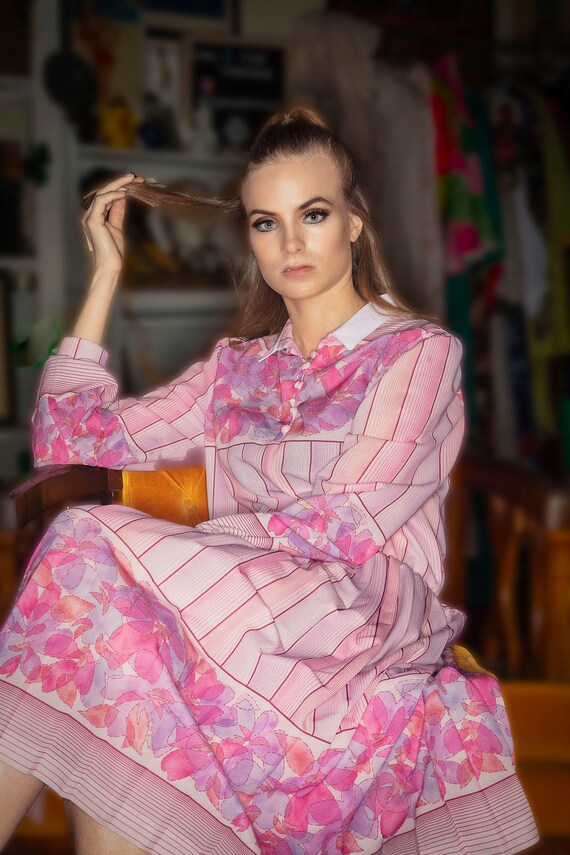 70s PINK Secretary Dress, Long Sleeve Career Dress, Bright Floral
