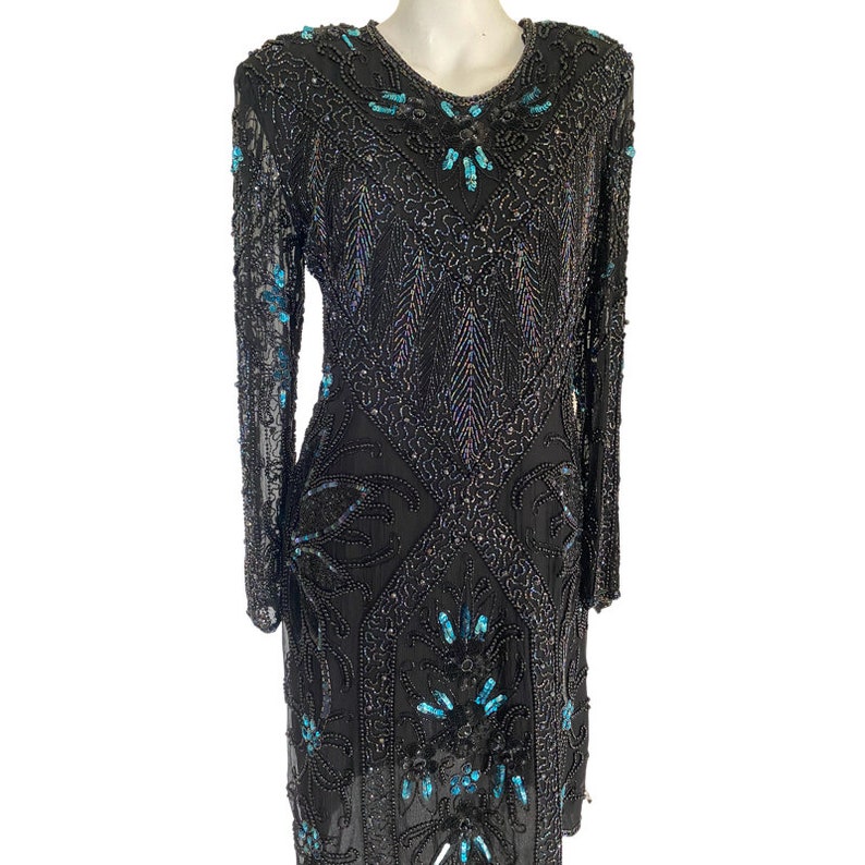 80s heavily embellished glass bead gown, sequin black dress, blue turqouise beaded gown, keyhole back cocktail dress medium m 10 / 12 image 10