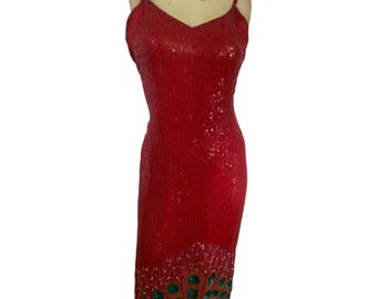 Vintage sequin dress, red beaded dress, sequin cocktail dress, heavily embellished dress, green art deco silk cocktail gown small
