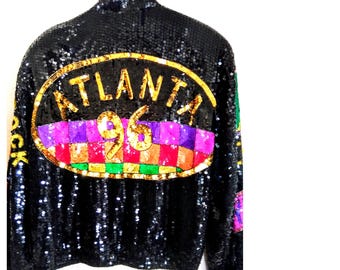 1990's Vintage ATLANTA OLYMPICS sequin jacket coat // Pop Art ATL sequined beaded jacket, picasso trophy jacket couture pop art avant garde